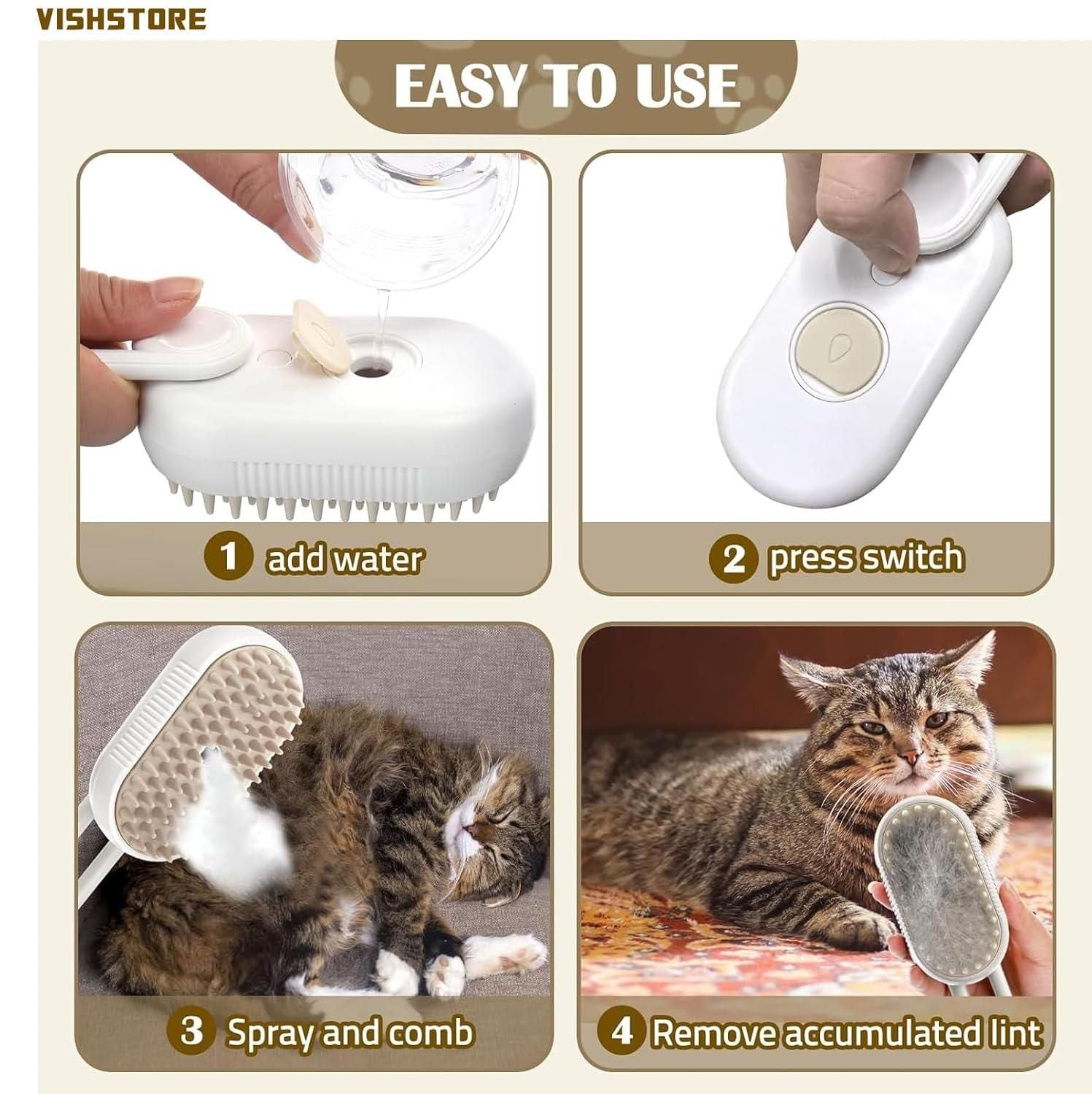 3-in-1 Pet Steam Grooming Brush for Dogs & Cats